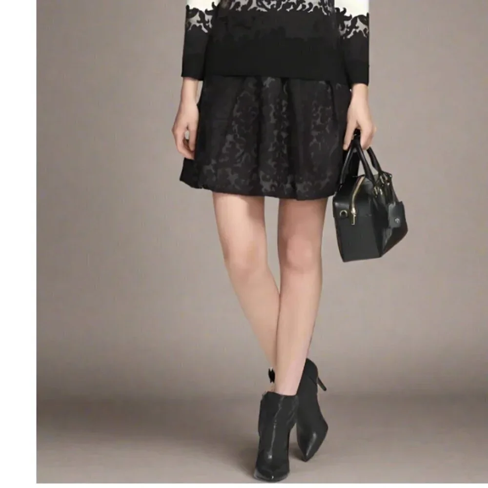 Tory Burch Etta Mini Puff Skirt 14 Black Lace Damask Embroidered A-Line Floral